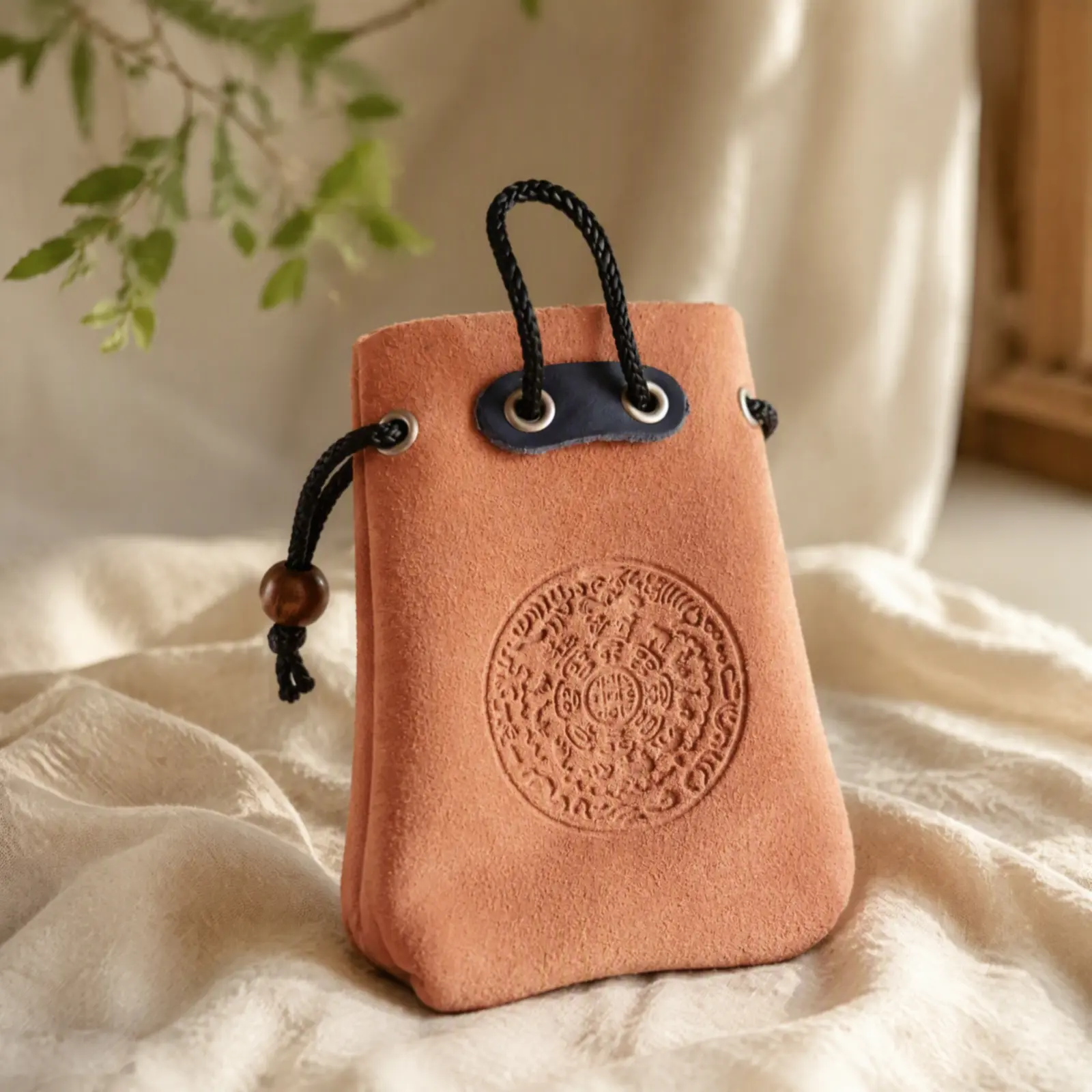 Leather Bagua Drawstring Pouch