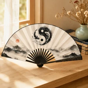 Bamboo & Satin Folding Fan with Bagua