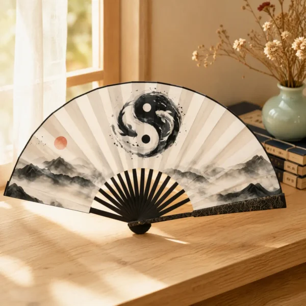 Bamboo & Satin Folding Fan with Bagua